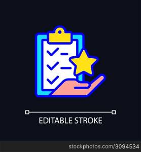 Task bonus pixel perfect RGB color icon for dark theme. Awards points for completing action. Incentive payment. Simple filled line drawing on night mode background. Editable stroke. Arial font used. Task bonus pixel perfect RGB color icon for dark theme