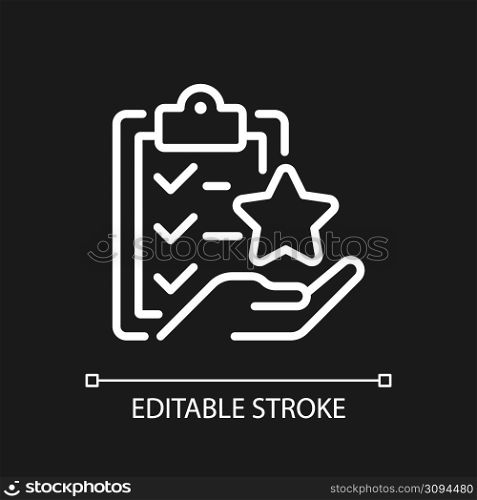 Task bonus pixel perfect white linear icon for dark theme. Awards points. Incentive wage payment. Thin line illustration. Isolated symbol for night mode. Editable stroke. Arial font used. Task bonus pixel perfect white linear icon for dark theme