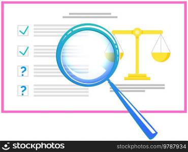 Task list with magnifier, scales vector elements. Business flat icons symbol, check list, plan with tasks. Scheduling, weighing importance of tasks, work plan creation, strategy planning concept. Task list with magnifier, scales vector elements. Work plan creation, strategy planning concept