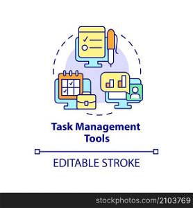 Task management tools concept icon. Business program type abstract idea thin line illustration. Project planning. Isolated outline drawing. Editable stroke. Roboto-Medium, Myriad Pro-Bold fonts used. Task management tools concept icon