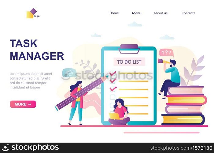 Task manager landing page template. Time management, business persons planning work and check schedule. To do list planner and group businesspeople. Office day, project and teamwork. Vector illustration