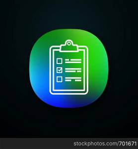 Task planning app icon. Checklist. To do list. Project management. Tasks list. UI/UX user interface. Web or mobile application. Vector isolated illustration. Task planning app icon