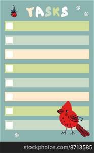 Tasks list template with red cardinal bird and snowflakes. Christmas panner for paper, stationery. Vector illustration for decor and design.