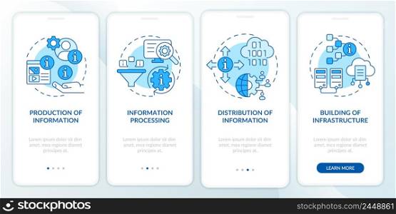 Tasks of information industry blue onboarding mobile app screen. Walkthrough 4 steps graphic instructions pages with linear concepts. UI, UX, GUI template. Myriad Pro-Bold, Regular fonts used. Tasks of information industry blue onboarding mobile app screen