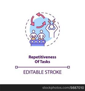 Tasks repetitiveness concept icon. Ergonomic stressor idea thin line illustration. Fixed body position and force. Repetitive movements. Vector isolated outline RGB color drawing. Editable stroke. Tasks repetitiveness concept icon