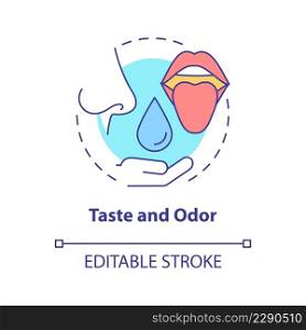 Taste and odor concept icon. Water quality analysis abstract idea thin line illustration. Drinking water assessment. Isolated outline drawing. Editable stroke. Arial, Myriad Pro-Bold fonts used. Taste and odor concept icon