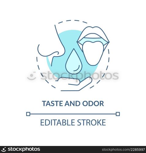 Taste and odor turquoise concept icon. Water quality analysis abstract idea thin line illustration. Tasteless liquid. Isolated outline drawing. Editable stroke. Arial, Myriad Pro-Bold fonts used. Taste and odor turquoise concept icon