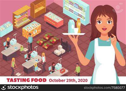 Tasting food poster with cartoon young woman in uniform offering to try milk and fruit drinks at trading hall background vector illustration