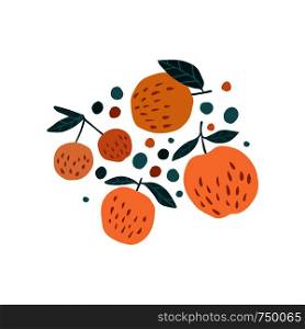 Tasty apple, cherry berries and leaves on a white background. Hand draw fruits print. Vector illustration.. Apple, cherry berries and leaves on a white background.