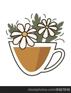 Tasty beverage in cups, isolated warm drink with chamomile scent and taste. Dieting and nourishment, delicious products for breakfast or dinner. Cafe or restaurant meal. Vector in flat style. Organic chamomile tea, tasty beverage in cups