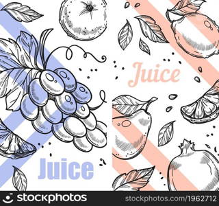 Tasty beverages from organic ingredients, juice with grapes, oranges and apples, citrus lemon, and pomegranate. Vegetarian and vegan menu page, monochrome sketch outline. Vector in flat style. Juice from grapes, pear or apple, orange citrus