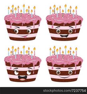 Tasty birthday chocolate cake with pink icing and candles, funny character design.