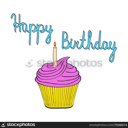tasty birthday cupcake with candle pop art style comic vector illustration, on white background