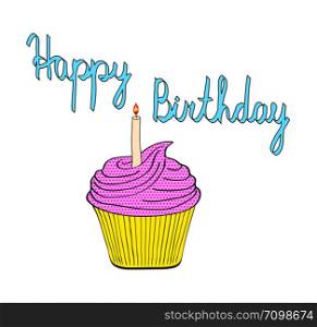 tasty birthday cupcake with candle pop art style comic vector illustration, on white background