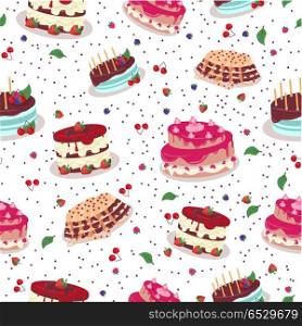 Tasty Celebratory Cakes Vector Seamless Pattern. Tasty celebratory cakes seamless pattern. Decorated with colored frosting, fruits, chocolate, cream cakes flat vector illustrations on white background. For greeting card, wrapping paper