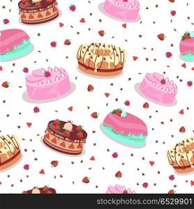 Tasty Celebratory Cakes Vector Seamless Pattern. Tasty celebratory cakes seamless pattern. Decorated with colored frosting, fruits, chocolate, cream cakes flat vector illustrations on white background. For greeting card, wrapping paper