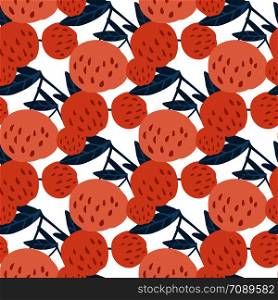 Tasty cherry berries and leaves seamless pattern. Hand drawn cherries vector illustration. Design for fabric, textile print. Contemporary summer fruit berry wallpaper.. Cherry berries and leaves seamless pattern illustration