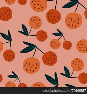 Tasty cherry berries and leaves seamless pattern. Hand drawn cherries wallpaper. Design for fabric, textile print. Summer fruit berry wallpaper. Vector illustration.. Cherry berries and leaves seamless pattern illustration