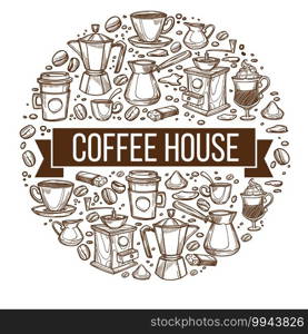 Tasty coffee house, isolated banner with different types of beverages, Mocha and espresso, glacee and tea. Cezve and cofffeemaker machine with pots. Monochrome sketch outline, vector in flat style. Coffee house circular banner with cups and beans