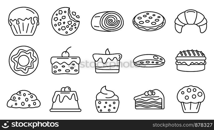 Tasty confectionery icons set. Outline set of tasty confectionery vector icons for web design isolated on white background. Tasty confectionery icons set, outline style