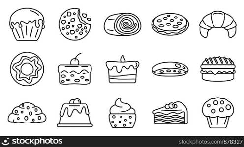 Tasty confectionery icons set. Outline set of tasty confectionery vector icons for web design isolated on white background. Tasty confectionery icons set, outline style