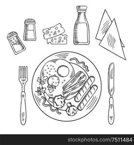 Tasty cooked dinner on a plate with eggs, bacon, sausage and broccoli with cutlery, condiments, sauces and napkins. Sketch of tasty cooked dinner on a plate