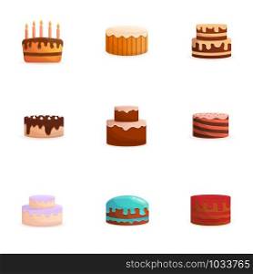 Tasty cream cake icon set. Cartoon set of 9 tasty cream cake vector icons for web design isolated on white background. Tasty cream cake icon set, cartoon style