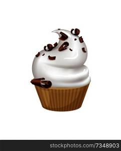 Tasty cupcake that has whipped cream on top and sprinkled with dark chocolate crumbles. Small delicious sweet dessert isolated vector illustrations.. Cupcake with Whipped Cream and Chocolate Crumbles