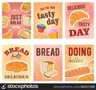 Tasty day greeting card designs with bread and muffins. Creative postcards with text and tasty fresh loafs. Pastry and confectionery concept. Template for promotional postcard or brochure