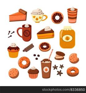 Tasty desserts and coffee cartoon illustration set. Pumpkin and chocolate pie, donut and muffins. Hot frappe, fall and Halloween drinks with spices isolated on white background. Food, beverage concept