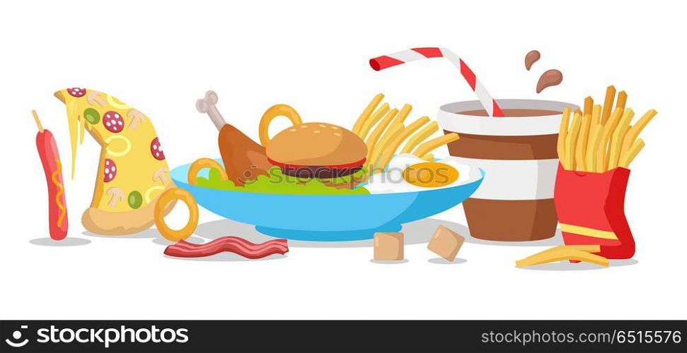 Tasty Fast Food Banner. Tasty fast food banner. French fries, hot dog, pizza, cola, hamburger, fried eggs, chicken leg, bacon, cereals. Different fast food products on table. Fast food menu Vector illustration