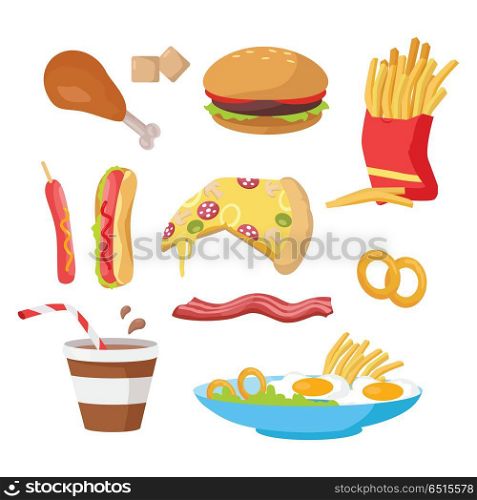 Tasty Fast Food Set. Tasty fast food set. French fries, hot dog, pizza, cola, hamburger, fried eggs, chicken leg, bacon, cereals. Different fast food products collection. Fast food icons Vector illustration