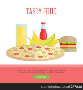 Tasty food concept web banner. Vector in flat design. Illustration of various food and drinks juice, pizza, banana, hamburger, ketchup on white background for cafe, stores, restaurant web pages design.. Tasty Food Concept Web Banner Illustration.. Tasty Food Concept Web Banner Illustration.