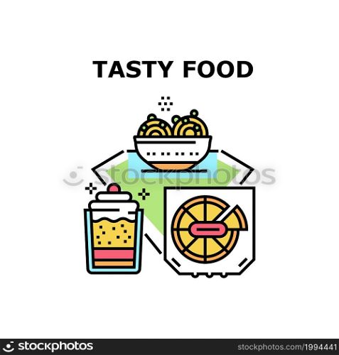 Tasty Food Dish Vector Icon Concept. Fat Pizza Package And Creamy Dessert Tasty Food Dish. Delicious Cooked Meal And Confectionery Product. Lunch And Dinner Nutrition Color Illustration. Tasty Food Dish Vector Concept Color Illustration