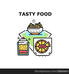 Tasty Food Dish Vector Icon Concept. Fat Pizza Package And Creamy Dessert Tasty Food Dish. Delicious Cooked Meal And Confectionery Product. Lunch And Dinner Nutrition Color Illustration. Tasty Food Dish Vector Concept Color Illustration