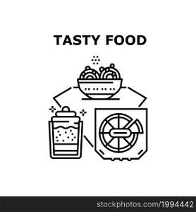 Tasty Food Dish Vector Icon Concept. Fat Pizza Package And Creamy Dessert Tasty Food Dish. Delicious Cooked Meal And Confectionery Product. Lunch And Dinner Nutrition Black Illustration. Tasty Food Dish Vector Concept Black Illustration