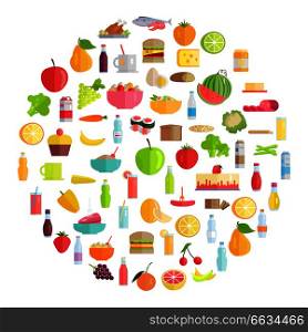 Tasty food, grocery products, refreshing drinks, organic fruits and vegetables formed in circle isolated vector illustrations set.. Tasty Food, Grocery Products and Refreshing Drinks