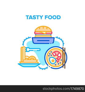 Tasty Food Meal Vector Icon Concept. Burger Sandwich, Spaghetti Plate And Fresh Cooked From Seafood Shrimp And Eggs Delicious Soup, Restaurant And Cafe Tasty Food Color Illustration. Tasty Food Meal Vector Concept Color Illustration