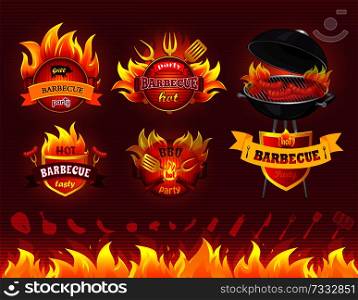 Tasty hot barbecue, BBQ grill party, set of icons, flaming labels with forks and spatulas, BBQ with roast sausages, barbecue utensil and ingredients set. Tasty Hot Barbecue, Grill Party, Set of Icons