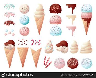 Tasty ice cream elements. Dessert constructor, candies and creamy balls. Waffle cones, liquid jam and chocolate. Isolated sweets swanky vector set. Illustration of ice cream dessert cone. Tasty ice cream elements. Dessert constructor, candies and creamy balls. Waffle cones, liquid jam and chocolate. Isolated sweets swanky vector set