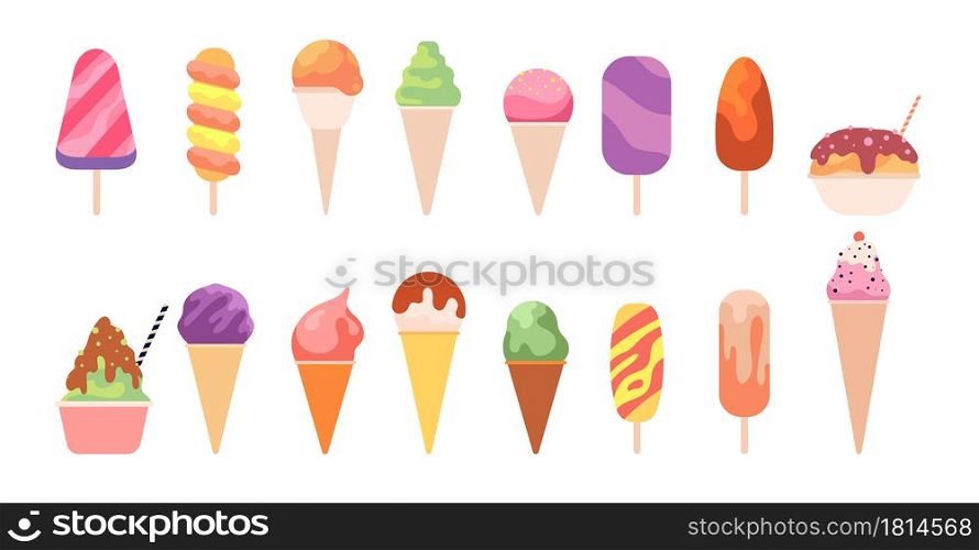 Tasty ice cream. Summer glace dessert, cone with creamy balls. Colorful diverse flavor sweets, flat isolated fruit popsicle utter vector set. Cold frozen and refreshing sweets colorful illustration. Tasty ice cream. Summer glace dessert, cone with creamy balls. Colorful diverse flavor sweets, flat isolated fruit popsicle utter vector set