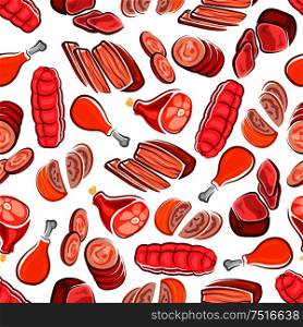 Tasty meat products seamless pattern with sausages and chicken legs, roast beef, spicy meat loaves and cured ham on white background. Butcher shop, menu or kitchen interior accessories theme. Sausages and meat seamless pattern