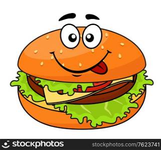 Tasty meaty cheeseburger on a sesame bun with lettuce licking its lips in anticipation of a delicious snack, cartoon illustration