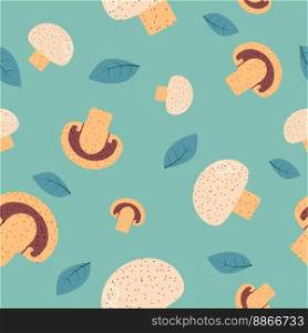 Tasty mushrooms, leaves and vegetables design. Organic and natural products for eating, dieting and nourishment, consuming. Seamless pattern, background print or wallpaper. Vector in flat style. Mushrooms and leaves, veggies tasty ingredient