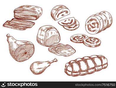 Tasty nutritious roasted beef tenderloin and dry cured ham, chicken leg and baked meatloaf, sausages and wurst. Sketches of meat products for restaurant menu, butcher shop or recipe book design. Fresh meat products sketches set