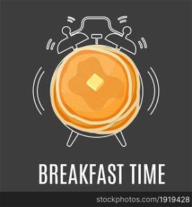 Tasty pancake, alarm clock on black board slate background. Vector design for breakfast menu, cafe, restaurant. Vector illustration in flat style. Tasty pancake, alarm clock