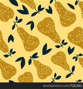 Tasty pears seamless pattern on yellow background. Funny design for fabric, textile print, wrapping paper, children textile. Vector illustration. Sweet yellow pear seamless pattern. Funny design