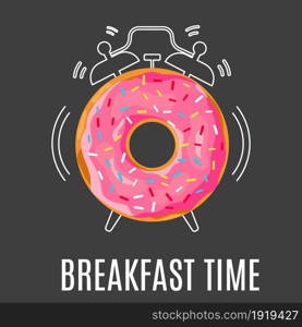 Tasty pink glazed donut, design for breakfast menu, cafe, bakery. Fast food background. Vector illustration in flat style. Tasty pink glazed donut,