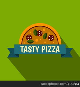 Tasty pizza label icon. Flat illustration of tasty pizza label vector icon for web isolated on lime background. Tasty pizza label icon, flat style