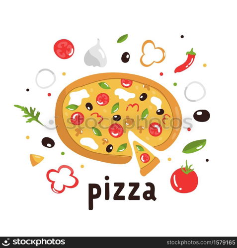 Tasty pizza with delicious ingredients. Colorful vector illustration.. Tasty pizza with delicious ingredients. Colorful vector illustration